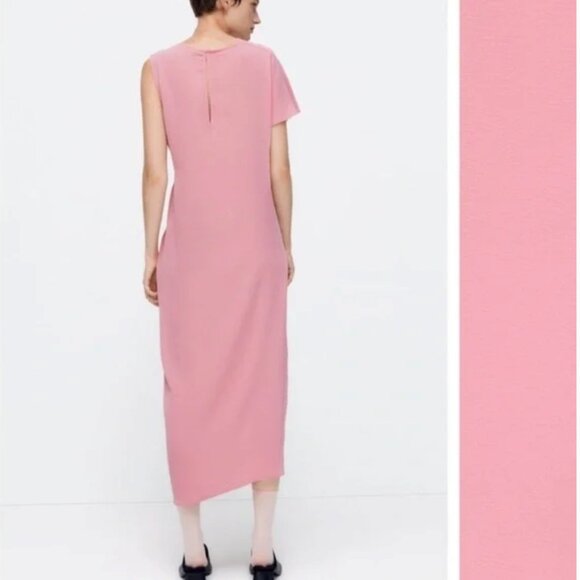 NWT Zara Pink Draped Asymmetrical Ruched Midi Dress Size S Boho Lagenlook NEW - Picture 5 of 14